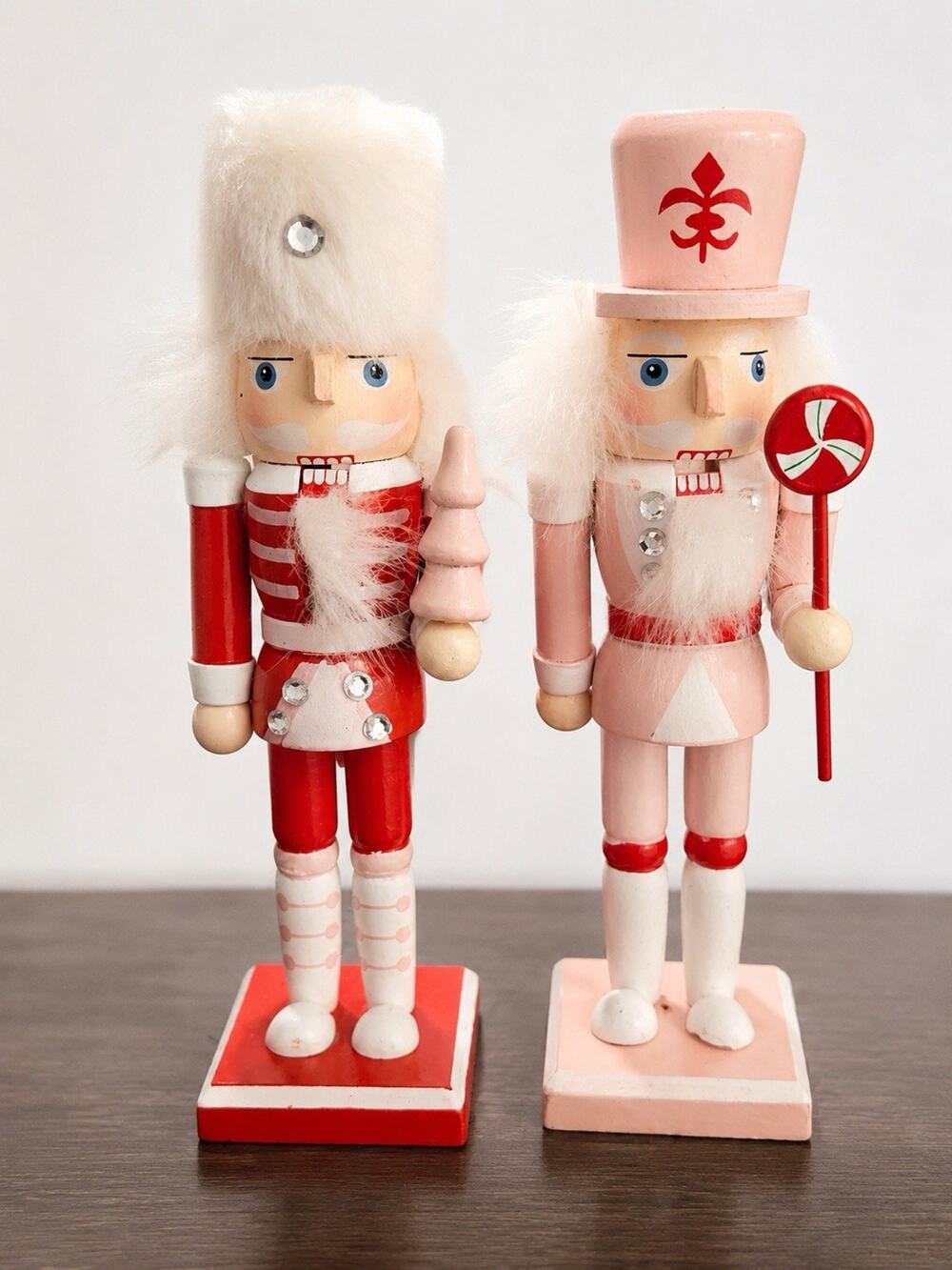 Set of 2 Pink Red Wooden Nutcracker Christmas Figures Peppermint Candy D
